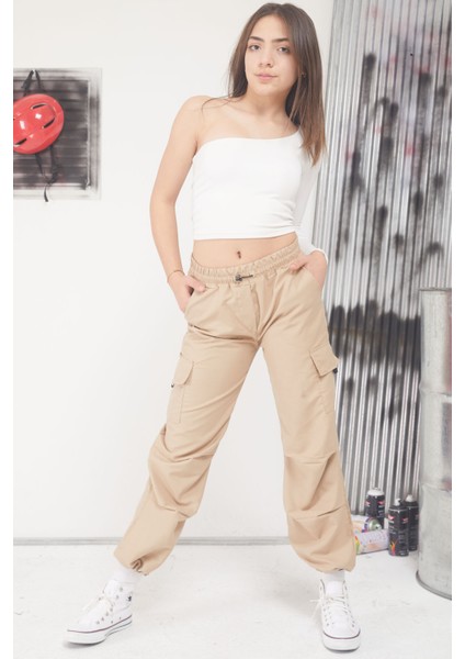 Krem Kargo Cep Lastikli Paça Kız Paraşüt Pantolon 17598 modelleri