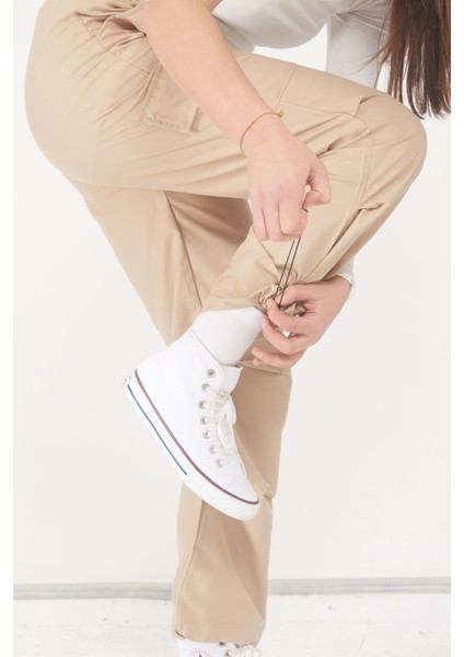 Krem Kargo Cep Lastikli Paça Kız Paraşüt Pantolon 17598 fırsatları