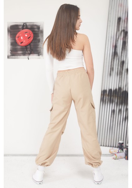 Krem Kargo Cep Lastikli Paça Kız Paraşüt Pantolon 17598 indirimleri