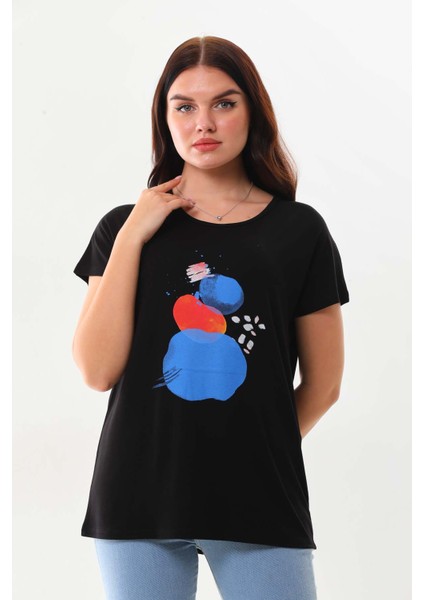 Kadın Desenli Kısa Kol Penye Bluz 23003 Siyah