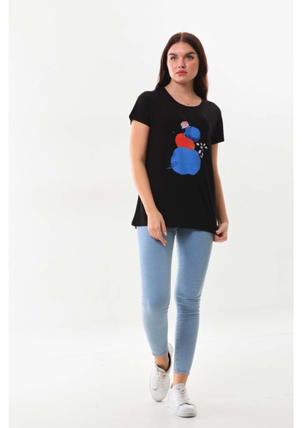 Kadın Desenli Kısa Kol Penye Bluz 23003 Siyah fiyatları