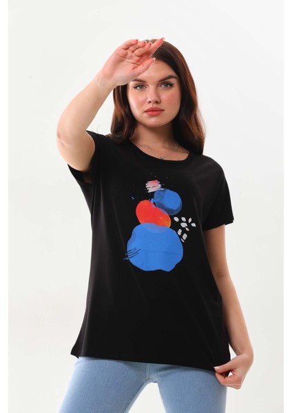 Kadın Desenli Kısa Kol Penye Bluz 23003 Siyah modelleri