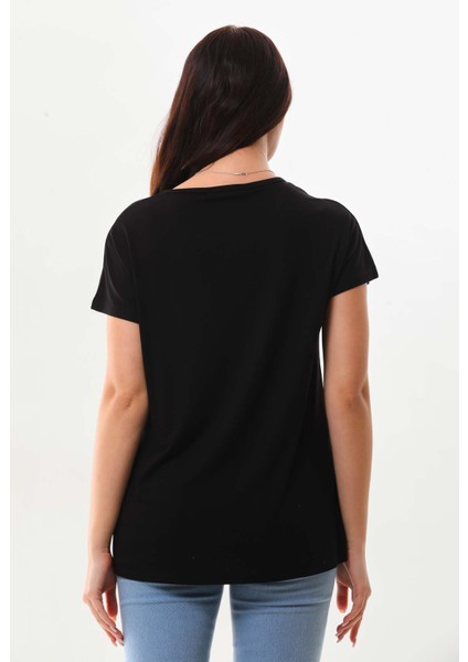 Kadın Desenli Kısa Kol Penye Bluz 23003 Siyah fırsatları