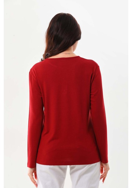 Kadın Desenli Bisiklet Yaka Uzun Kol Bluz 23596 Bordo