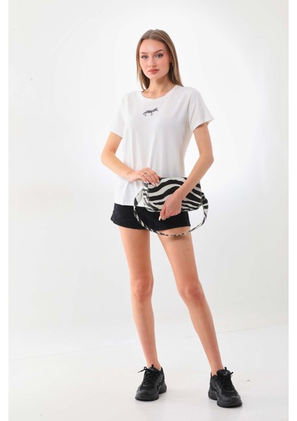 Kadın Zebra Desenli Kısa Kol Bluz 23118 Ekru