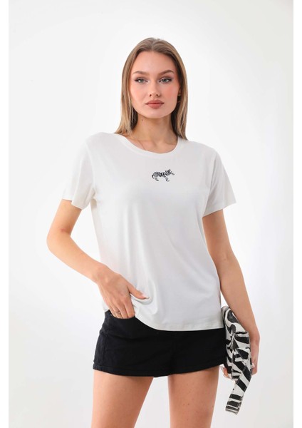 Kadın Zebra Desenli Kısa Kol Bluz 23118 Ekru