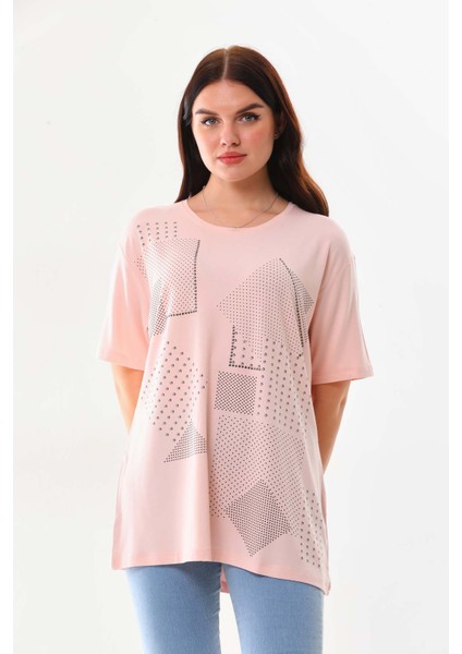Kadın Desenli Bisiklet Yaka Kısa Kol Bluz 20405 Pudra