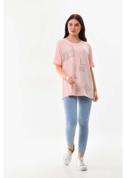 Kadın Desenli Bisiklet Yaka Kısa Kol Bluz 20405 Pudra fiyatları