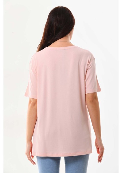 Kadın Desenli Bisiklet Yaka Kısa Kol Bluz 20405 Pudra fırsatları