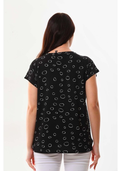 Kadın Desenli V Yaka Kısa Kol Bluz 23126 Siyah fırsatları