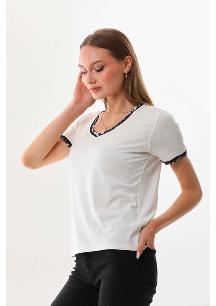 Kadın V Yaka Kısa Kol Bluz 23176 Ekru modelleri