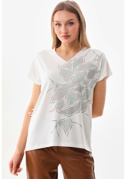 Kadın Simli Baskılı V Yaka Kısa Kol Bluz 23296 Ekru