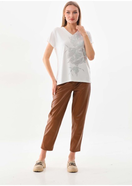 Kadın Simli Baskılı V Yaka Kısa Kol Bluz 23296 Ekru fiyatları