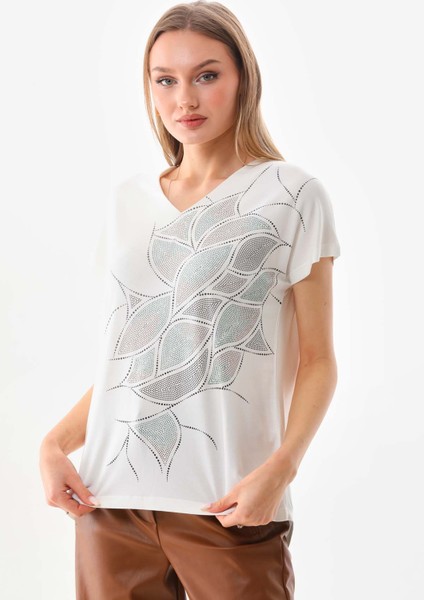 Kadın Simli Baskılı V Yaka Kısa Kol Bluz 23296 Ekru modelleri