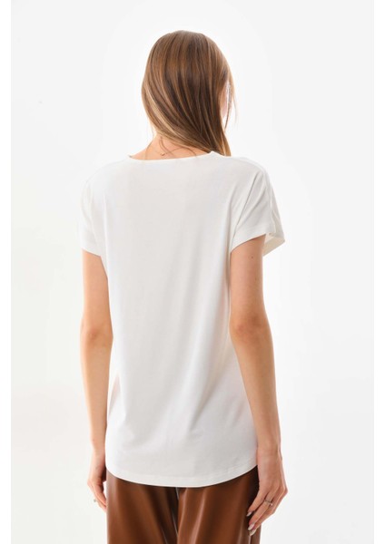 Kadın Simli Baskılı V Yaka Kısa Kol Bluz 23296 Ekru fırsatları