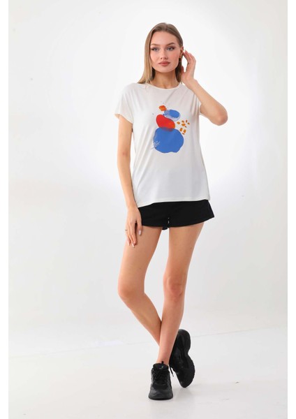 Kadın Desenli Kısa Kol Penye Bluz 23003 Ekru fiyatları