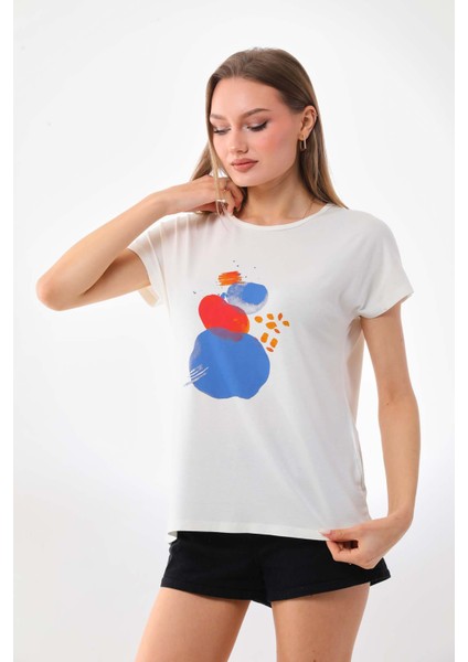 Kadın Desenli Kısa Kol Penye Bluz 23003 Ekru modelleri