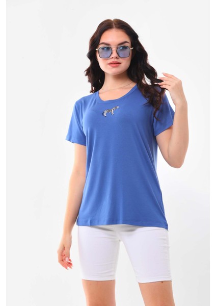 Kadın Zebra Desenli Kısa Kol Bluz 23118 Indigo modelleri