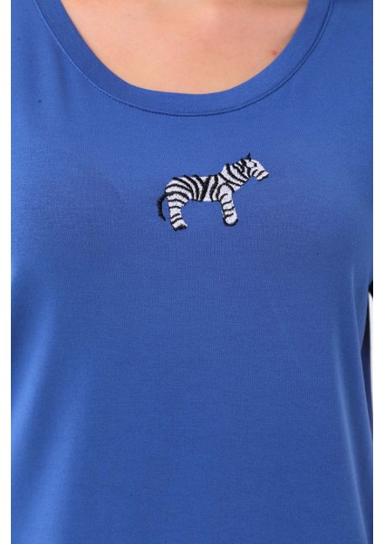 Kadın Zebra Desenli Kısa Kol Bluz 23118 Indigo fırsatları