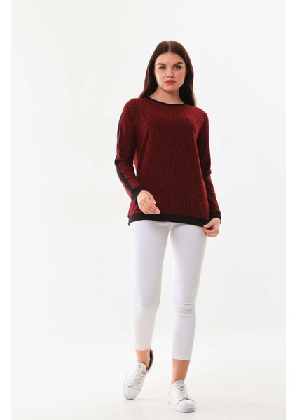 Kadın Desenli Uzun Kol Bluz 23519 Bordo