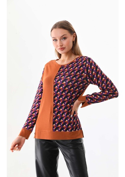 Kadın Desenli Bisiklet Yaka Uzun Kol Bluz 23592 Camel