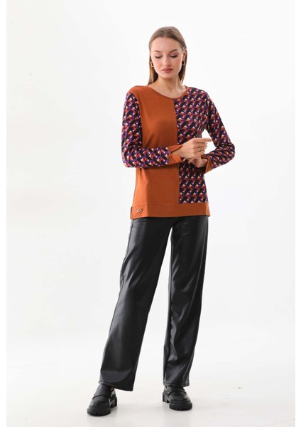 Kadın Desenli Bisiklet Yaka Uzun Kol Bluz 23592 Camel