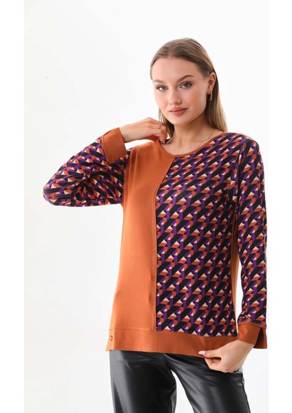Kadın Desenli Bisiklet Yaka Uzun Kol Bluz 23592 Camel