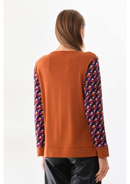 Kadın Desenli Bisiklet Yaka Uzun Kol Bluz 23592 Camel