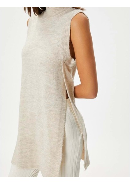 Triko Yelek Balıkçı Yaka Yanları Yırtmaç Detaylı - Koton - 4WAK20004HT - Bej - Xl modelleri