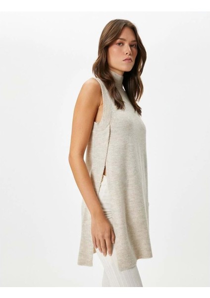 Triko Yelek Balıkçı Yaka Yanları Yırtmaç Detaylı - Koton - 4WAK20004HT - Bej - Xl indirimleri