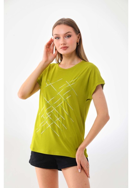 Kadın Çizgi Desenli Kısa Kol Bluz 23166 Yağ Yeşili