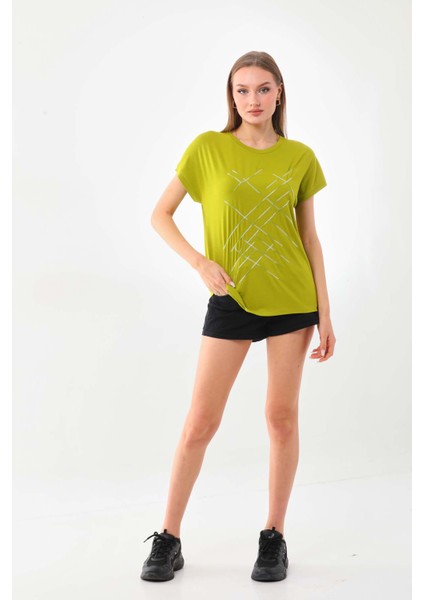 Kadın Çizgi Desenli Kısa Kol Bluz 23166 Yağ Yeşili fiyatları