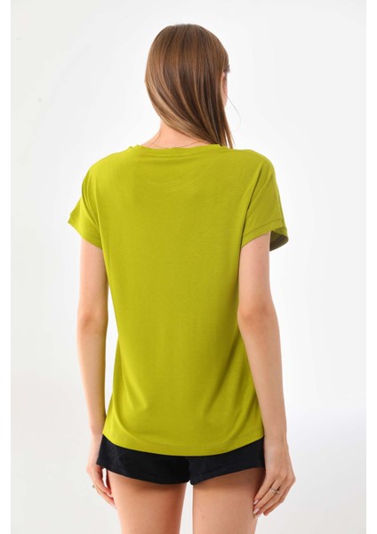 Kadın Çizgi Desenli Kısa Kol Bluz 23166 Yağ Yeşili fırsatları