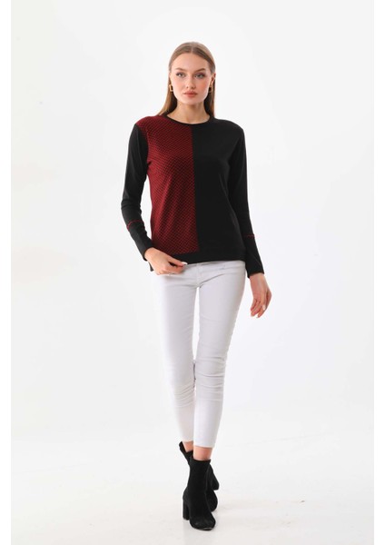 Kadın Desenli Bisiklet Yaka Uzun Kol Bluz 23619 Bordo