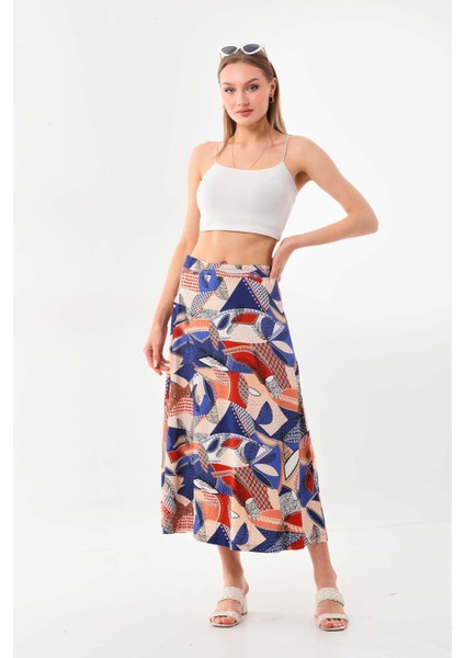 Kadın Desenli Beli Lastikli Maxi Etek 23398 Lacivert