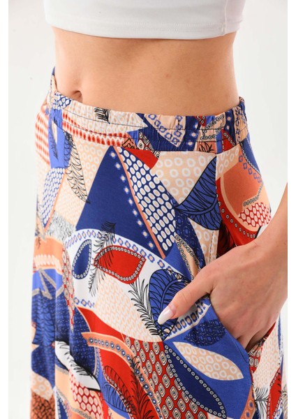 Kadın Desenli Beli Lastikli Maxi Etek 23398 Lacivert modelleri