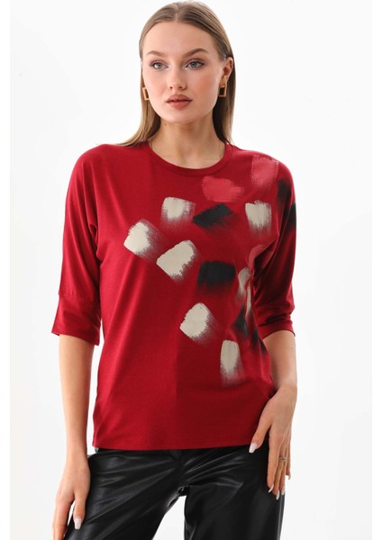 Kadın Desenli Bisiklet Yaka Bluz 23582 Bordo