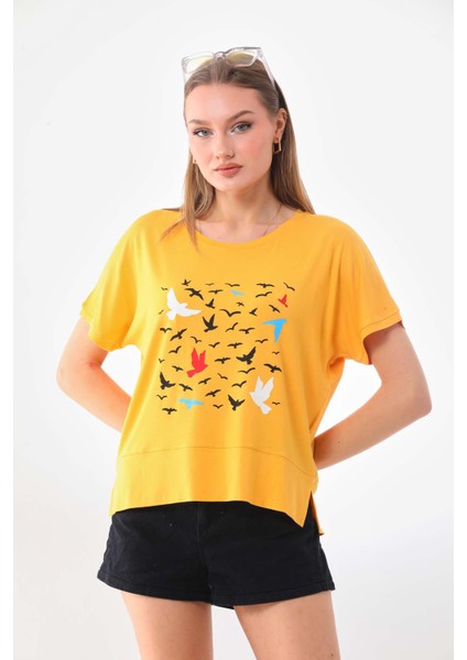 Kadın Desenli Kısa Kol Bluz 23141 Sarı