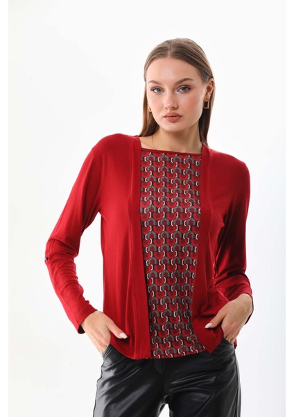 Kadın Desenli Uzun Kol Bluz 23525 Bordo