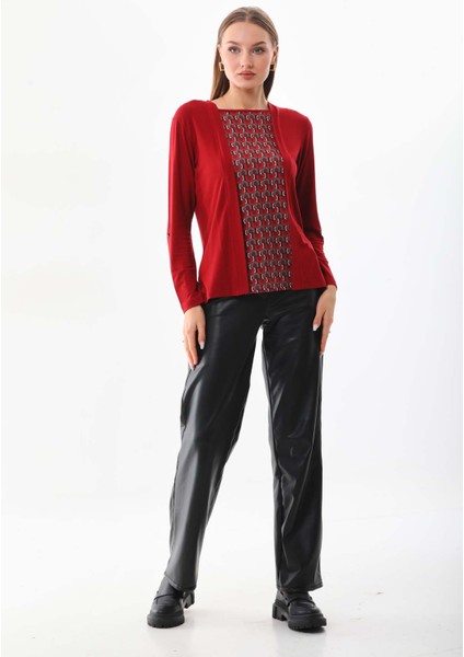 Kadın Desenli Uzun Kol Bluz 23525 Bordo