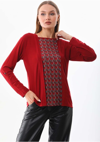 Kadın Desenli Uzun Kol Bluz 23525 Bordo