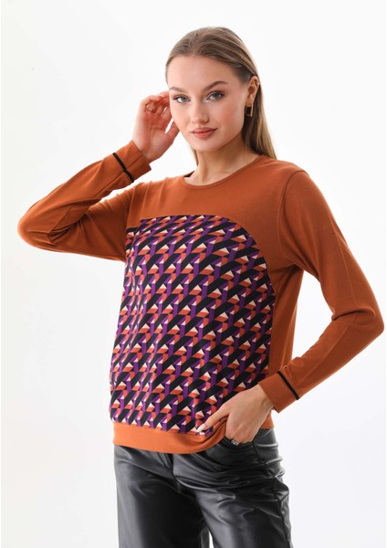 Kadın Desenli Uzun Kol Bluz 23618 Camel