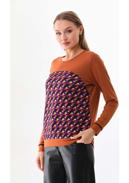 Kadın Desenli Uzun Kol Bluz 23618 Camel