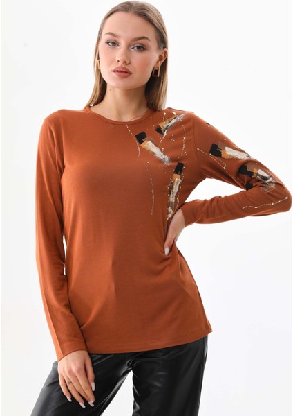 Kadın Desenli Bisiklet Yaka Uzun Kol Bluz 23598 Camel