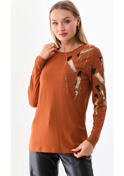 Kadın Desenli Bisiklet Yaka Uzun Kol Bluz 23598 Camel
