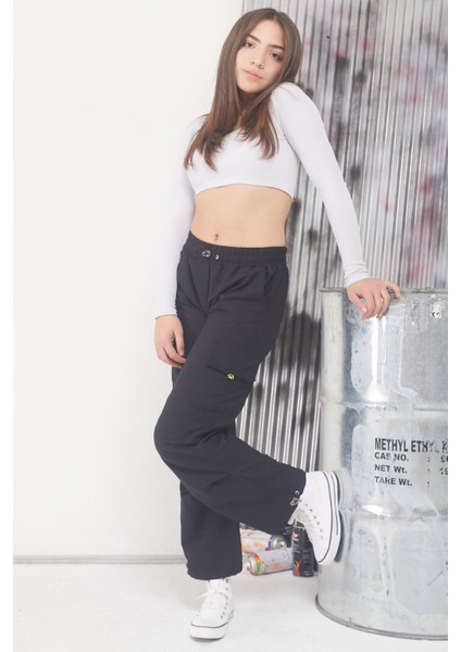 Siyah Çift Kargo Cepli Yeşil Şeritli Kız Çocuk Paraşüt Pantolon 17591 fiyatları