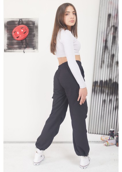 Siyah Çift Kargo Cepli Yeşil Şeritli Kız Çocuk Paraşüt Pantolon 17591 indirimleri