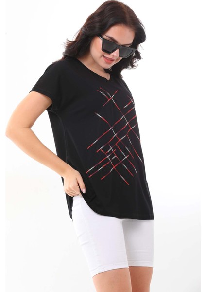 Kadın Çizgi Desenli Kısa Kol Bluz 23166 Siyah