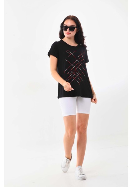 Kadın Çizgi Desenli Kısa Kol Bluz 23166 Siyah fiyatları