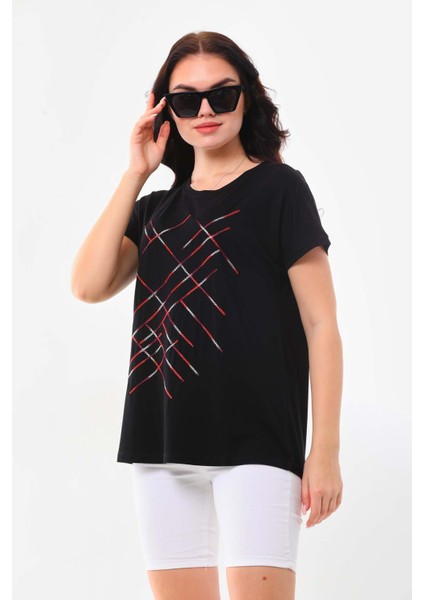 Kadın Çizgi Desenli Kısa Kol Bluz 23166 Siyah modelleri